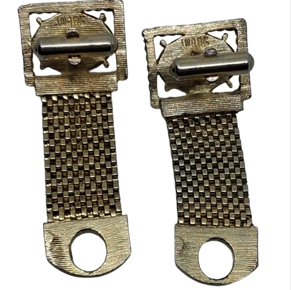 Swank Mid-Century Modern Mesh Wrap Cufflinks - Olive Green Cabochon